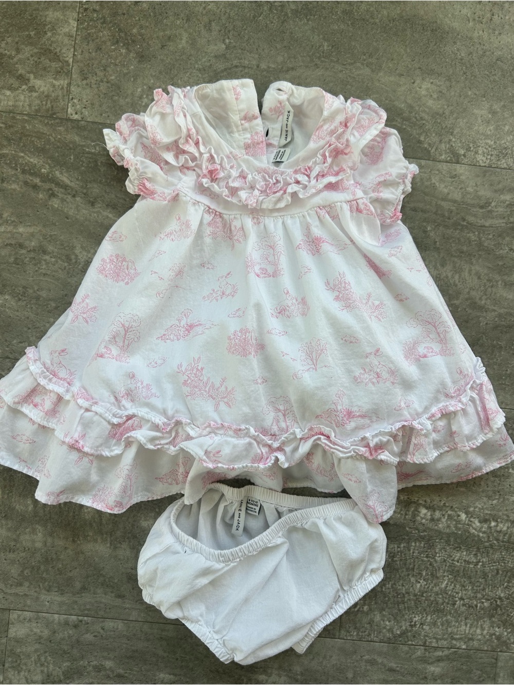Janie and Jack White Dress with Pink Floral Ruffle Trim and Matching Bloomer